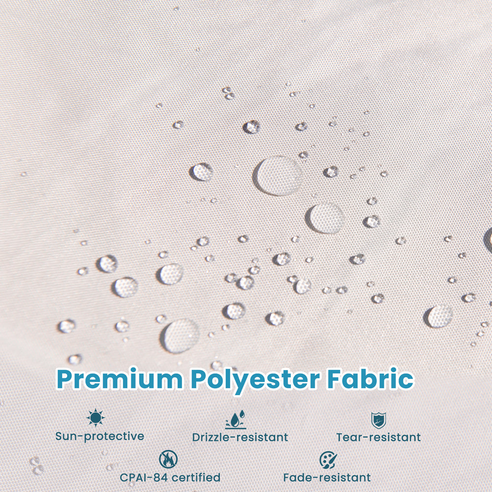 Close-up of premium polyester fabric showcasing water droplets, highlighting its drizzle-resistant and fade-resistant.