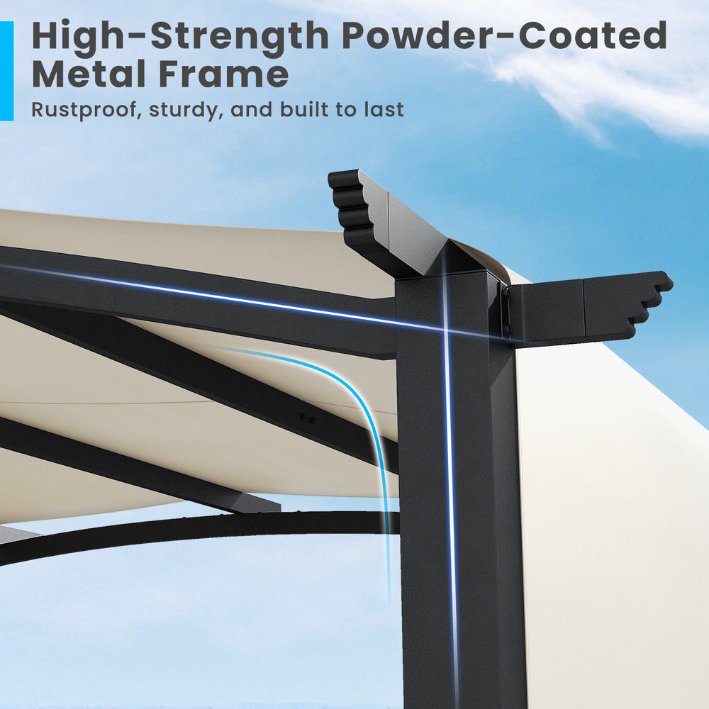 Close-up of the high-strength powder-coated metal frame of the 10 x 10 ft outdoor pergola, ensuring durability and.