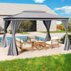 Patio gazebo with double roof, gray curtains, and mesh netting, ideal for outdoor relaxation by the pool.