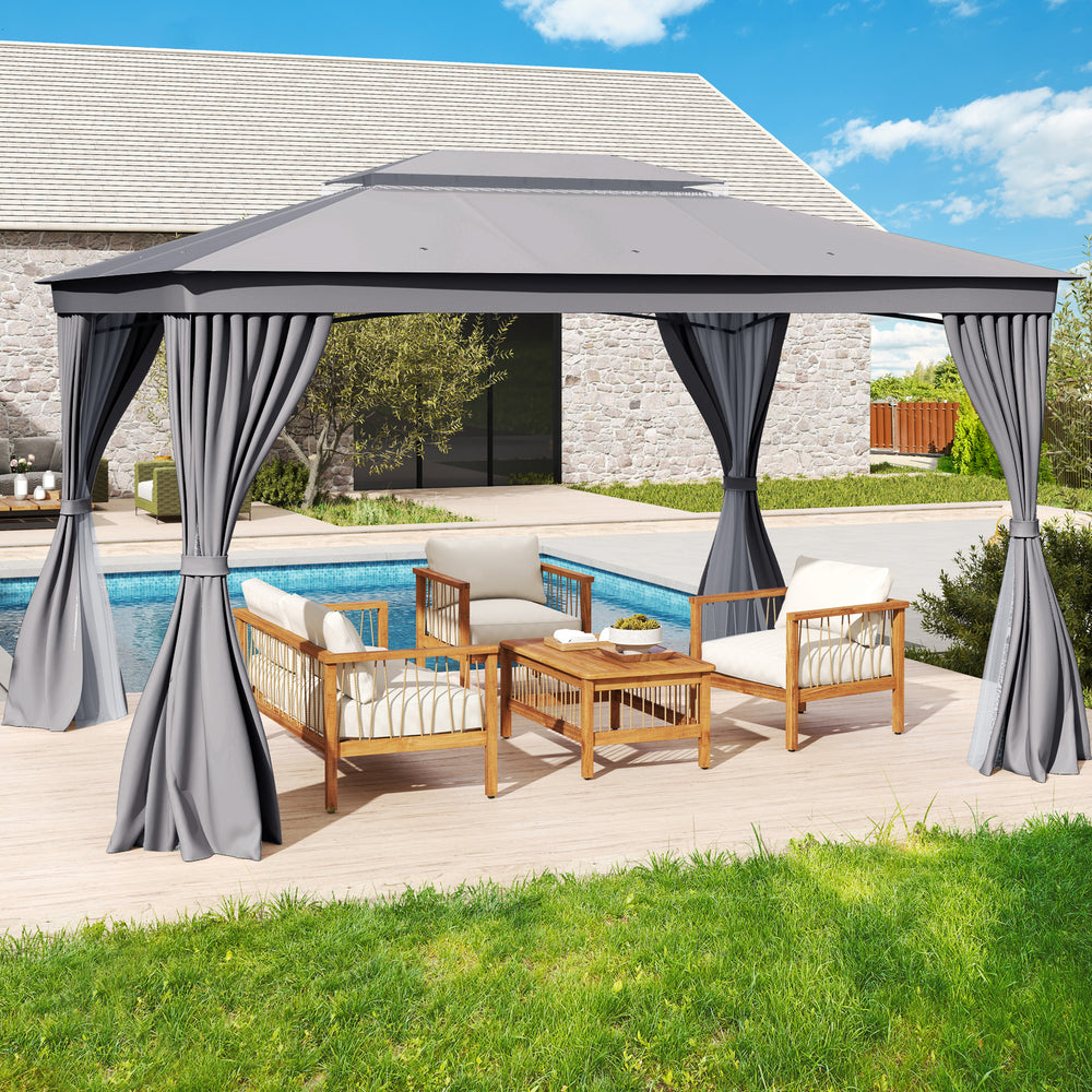 10 x 13 Feet Patio Gazebo Double-Roof with Mesh Netting and Privacy Curtains-Gray - Gallery View 1 of 11
