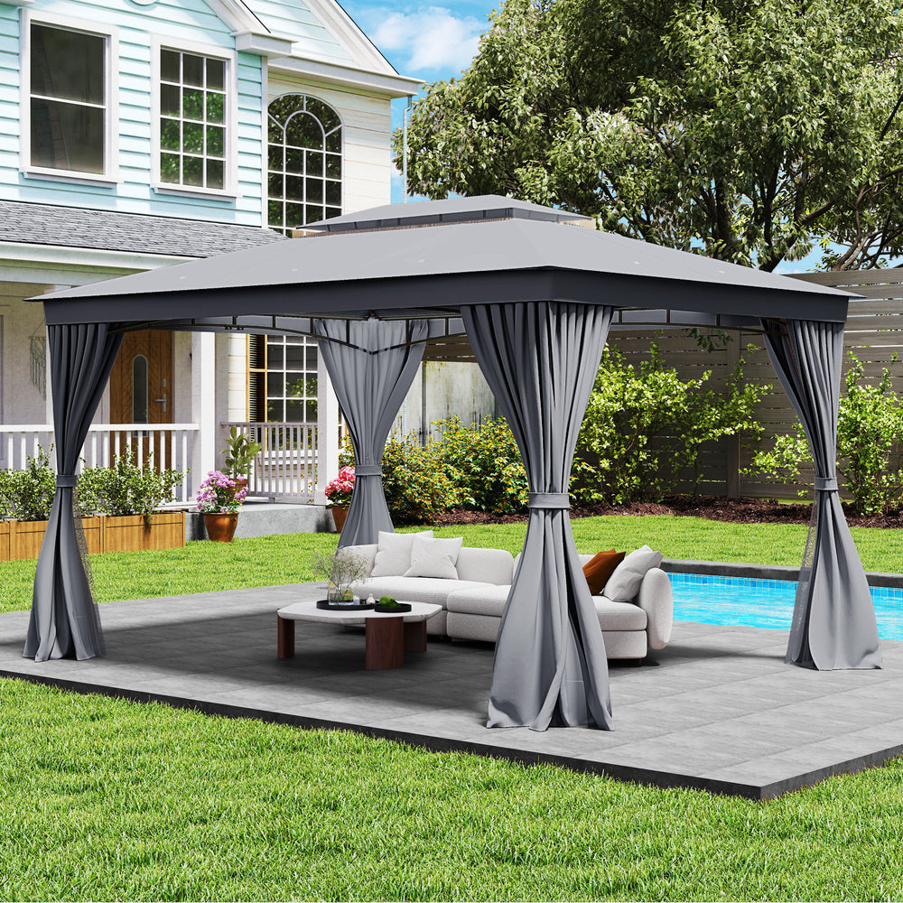 Gray 10 x 13 feet patio gazebo with double roof, mesh netting, and privacy curtains for outdoor relaxation by the pool.