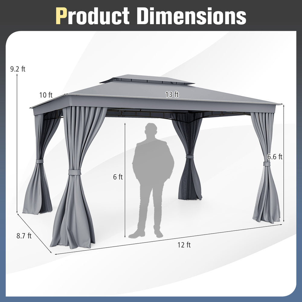 Patio gazebo dimensions showing 10 x 13 feet size with double roof, mesh netting, and privacy curtains for outdoor use.
