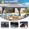 Patio gazebo with double roof, gray privacy curtains, and mesh netting, featuring easy installation with thumb screws.