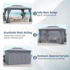 Gray 10 x 13 feet patio gazebo with double roof, mesh netting, and privacy curtains for outdoor relaxation and sun.