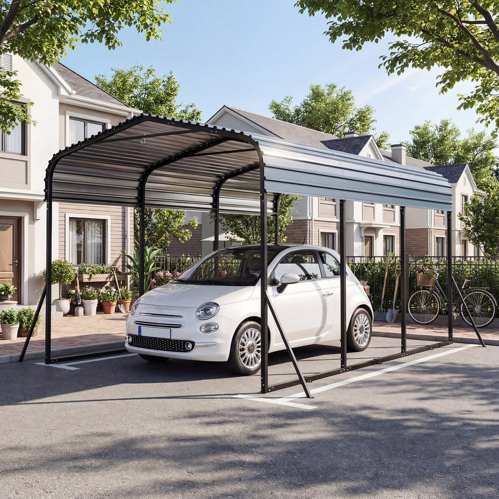 Heavy-duty galvanized steel carport with waterproof roof, providing all-weather protection for vehicles and outdoor use.