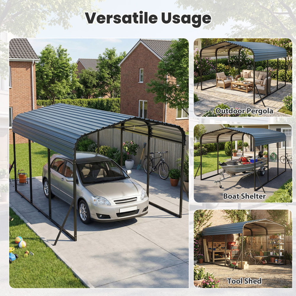Heavy-duty 10 x 14.5 FT black carport with galvanized steel frame, ideal for cars, boats, or as a tool shed.