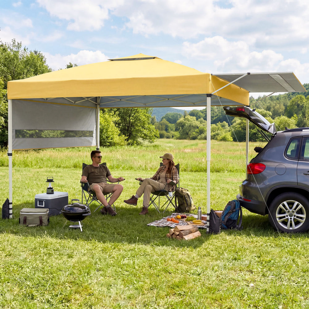 Pop up canopy tent in yellow with dual adjustable awnings, providing 170 sq.ft shade for outdoor gatherings and.