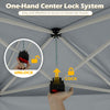 One-hand center lock system for easy setup of the 10 x 17 feet yellow pop-up canopy tent with dual adjustable awnings.