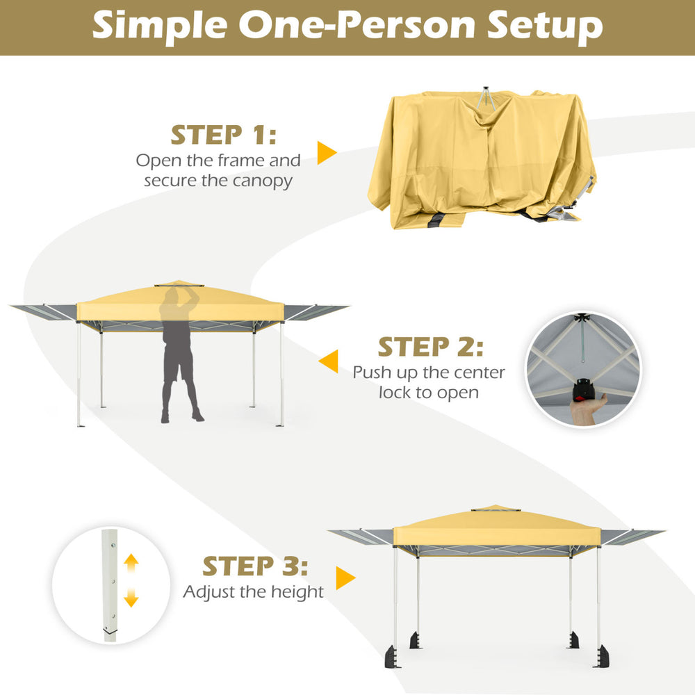 Adjustable yellow pop-up canopy tent with dual awnings, perfect for outdoor gatherings and easy solo setup.