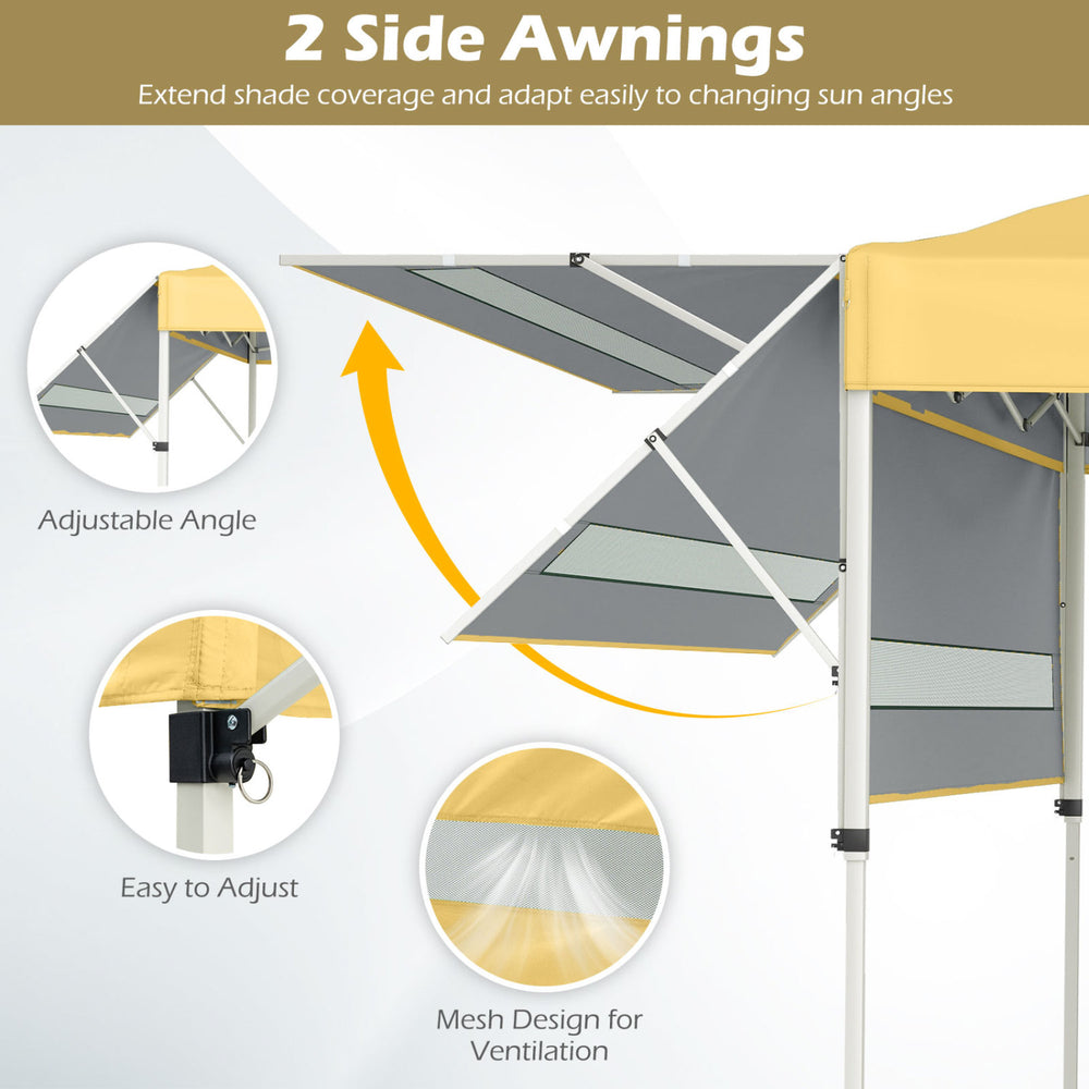 Dual adjustable side awnings of a yellow pop-up canopy tent, designed for enhanced shade and ventilation outdoors.