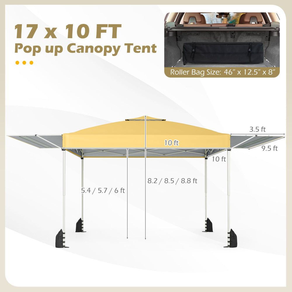 10 x 17 feet yellow pop-up canopy tent with dual adjustable awnings for outdoor gatherings and sun protection.