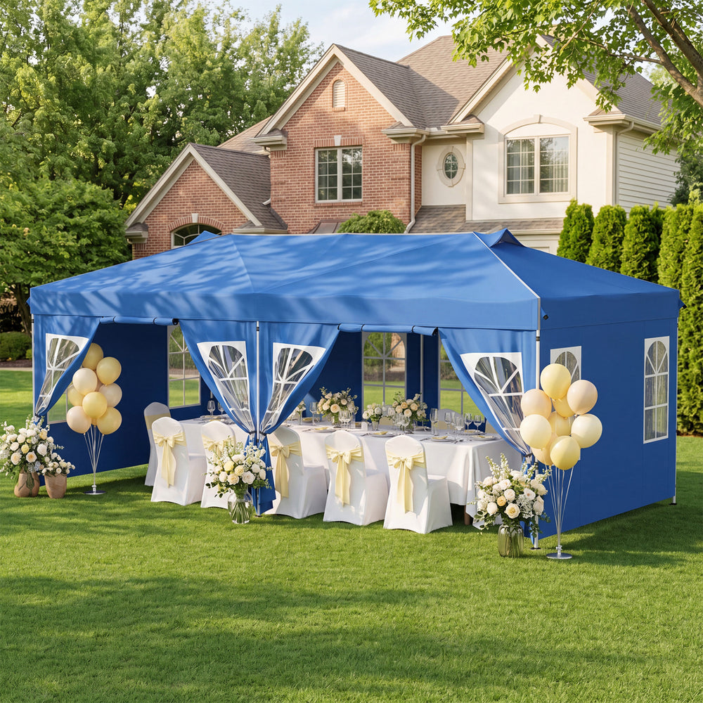 10 x 20 FT Pop Up Canopy Tent with 6 Sidewalls and Adjustable Height-Blue - Gallery View 1 of 11
