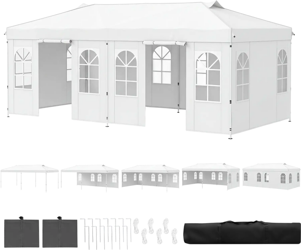 Pop up canopy tent with 6 sidewalls, adjustable height, and water-resistant fabric, ideal for outdoor events and parties.