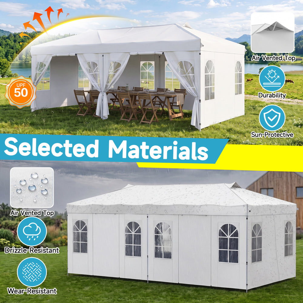 Pop up canopy tent with 6 sidewalls, adjustable height, and water-resistant 210D Oxford fabric for outdoor events.