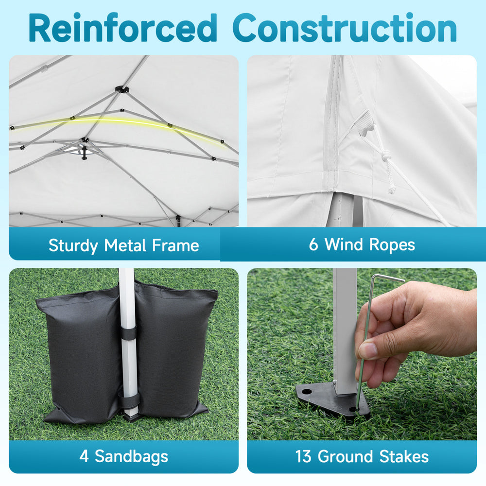 Reinforced construction of the 10 x 20 FT pop-up canopy tent includes a sturdy metal frame, sandbags, and ground stakes for stability.