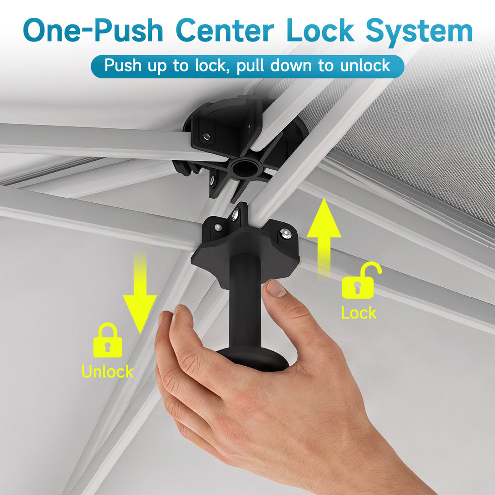 One-Push Center Lock System for the 10 x 20 FT Pop Up Canopy Tent ensures quick and secure setup for outdoor events.