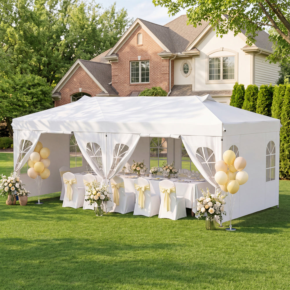The 10 x 20 FT pop-up canopy tent features a white design, adjustable height, and removable sidewalls for versatile outdoor events.