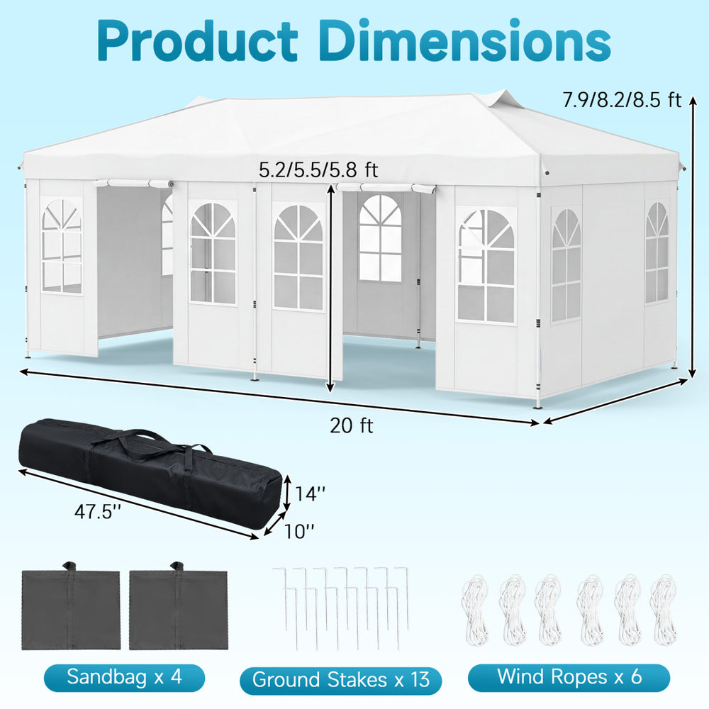 Pop up canopy tent measuring 10 x 20 ft with adjustable height, 6 sidewalls, and durable water-resistant fabric for outdoor events.