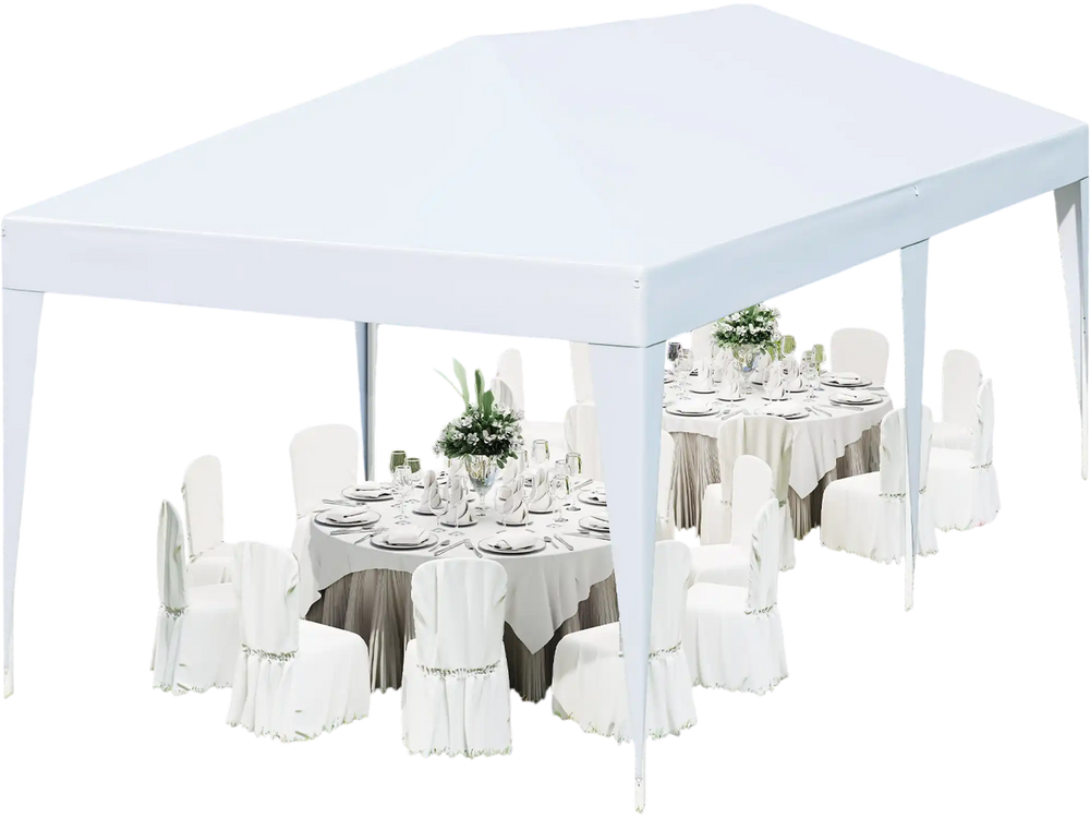 10 x 20 ft white pop-up canopy tent set up for a party, featuring a heavy-duty frame and sun-protective fabric.