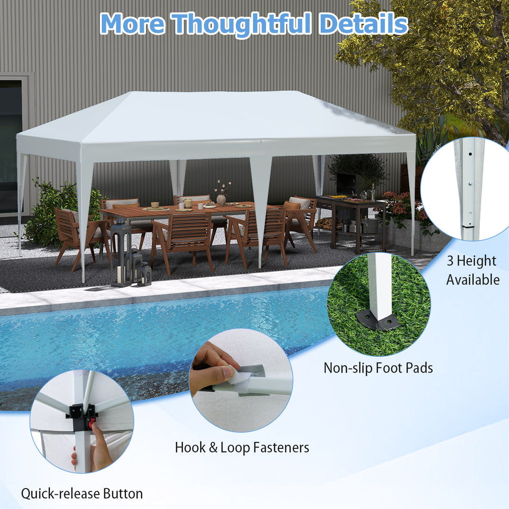 10 x 20 ft pop-up canopy tent in white with a heavy-duty frame, adjustable height, and quick-release button for outdoor.