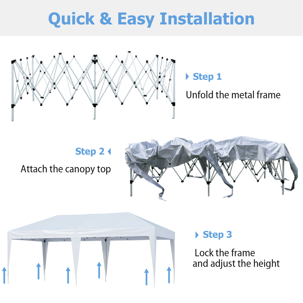 Step-by-step installation guide for the 10 x 20 ft pop-up canopy tent with a heavy-duty metal frame and sun-protective.
