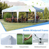 10 x 20 ft pop-up canopy tent in white with a stable frame, ideal for outdoor parties and BBQs, featuring wind ropes.