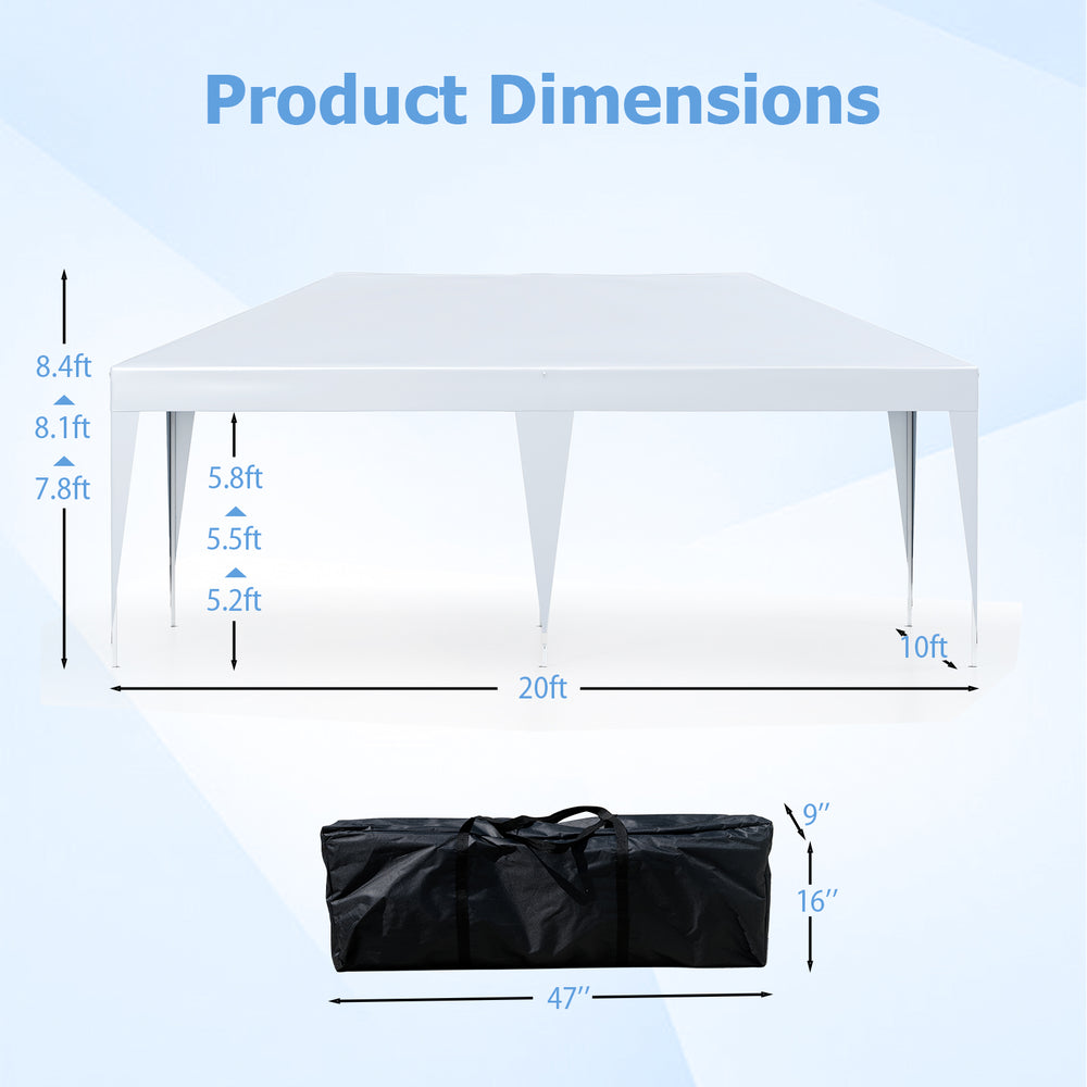Dimensions of the 10 x 20 FT pop-up canopy tent with carry bag, suitable for parties and BBQs, shown with measurements.