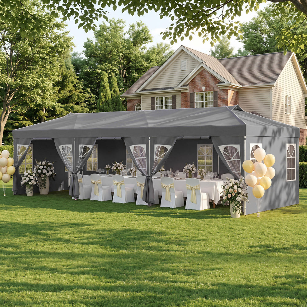 10 x 30 FT Pop Up Canopy Tent with 8 Sidewalls and Adjustable Height-Gray - Gallery View 1 of 10