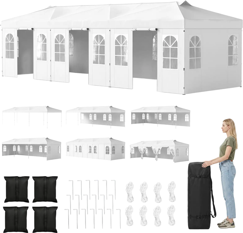 Pop up canopy tent with 8 sidewalls, adjustable height, and water-resistant fabric, ideal for outdoor events and parties.