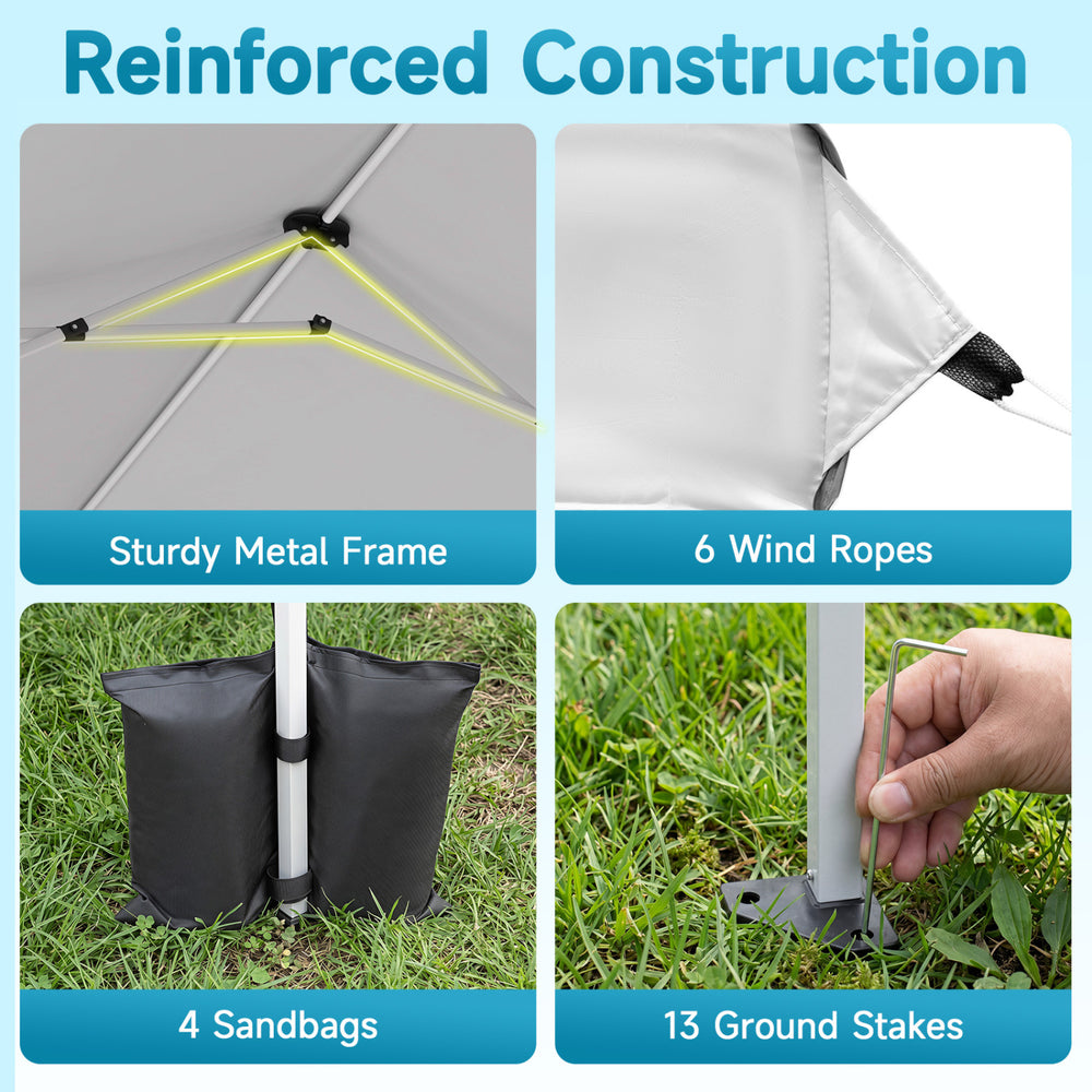 Reinforced construction of the 10 x 30 FT pop-up canopy tent includes a sturdy metal frame, sandbags, and ground stakes for stability.