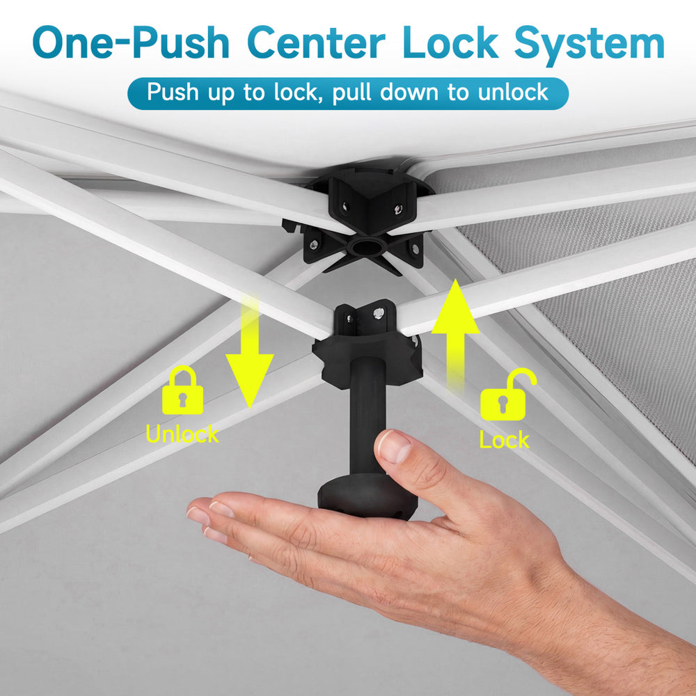 One-Push Center Lock System for the 10 x 30 FT Pop Up Canopy Tent ensures easy setup and reliable outdoor stability.