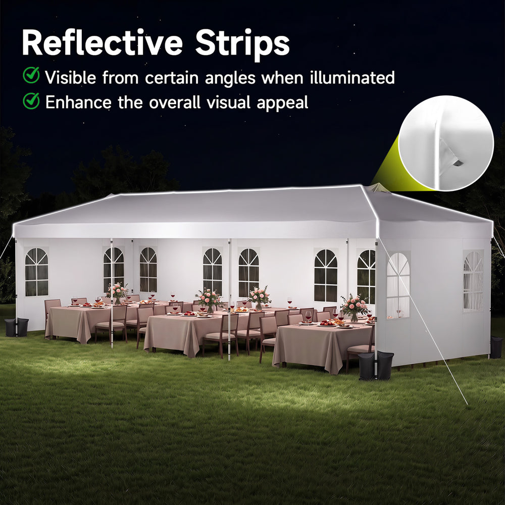 Pop up canopy tent with 8 sidewalls, adjustable height, and reflective strips for enhanced outdoor events and stability.