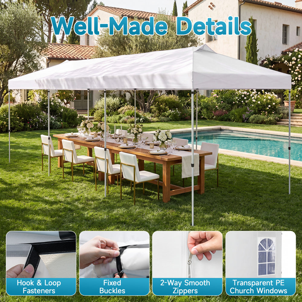 10 x 30 FT pop-up canopy tent with adjustable height, featuring removable sidewalls and transparent PE church windows for events.