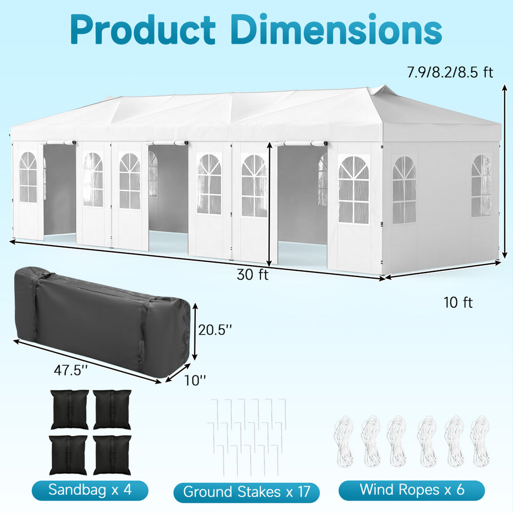 Pop up canopy tent measuring 10 x 30 FT with adjustable height, 8 sidewalls, and durable water-resistant fabric for outdoor events.
