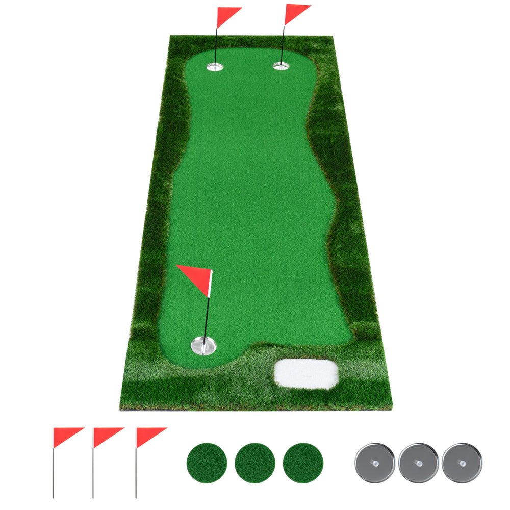 Golf putting green measuring 10 x 3.5ft with three hole cups and flags, ideal for home or office practice.
