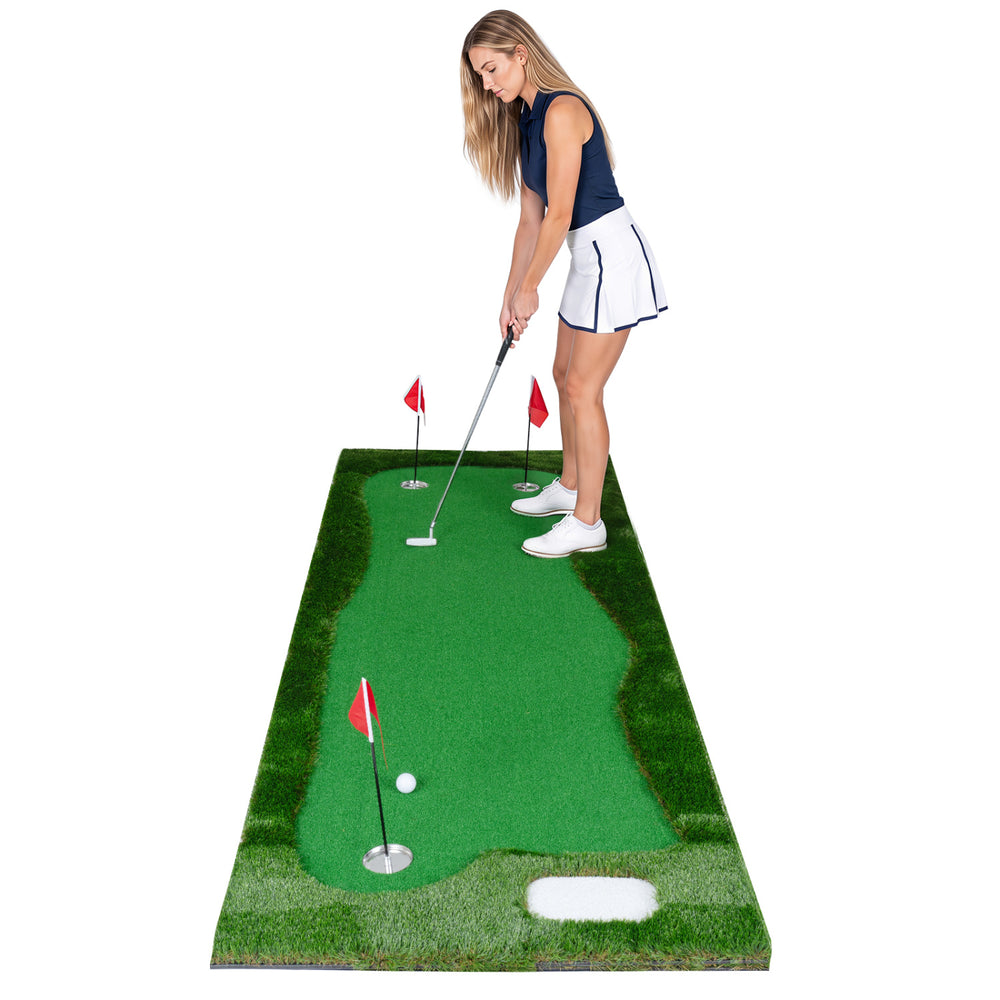 Golf putting green measuring 10 x 3.5ft with three hole cups and flags, perfect for home, backyard, or office practice.
