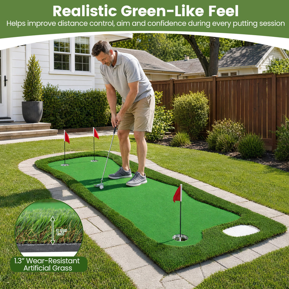 Golf putting green measuring 10 x 3.5ft with three hole cups and flags, ideal for home or office practice sessions.