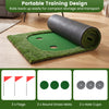 Portable golf putting green measuring 10 x 3.5ft with 3 hole cups and flags, ideal for home or office practice.