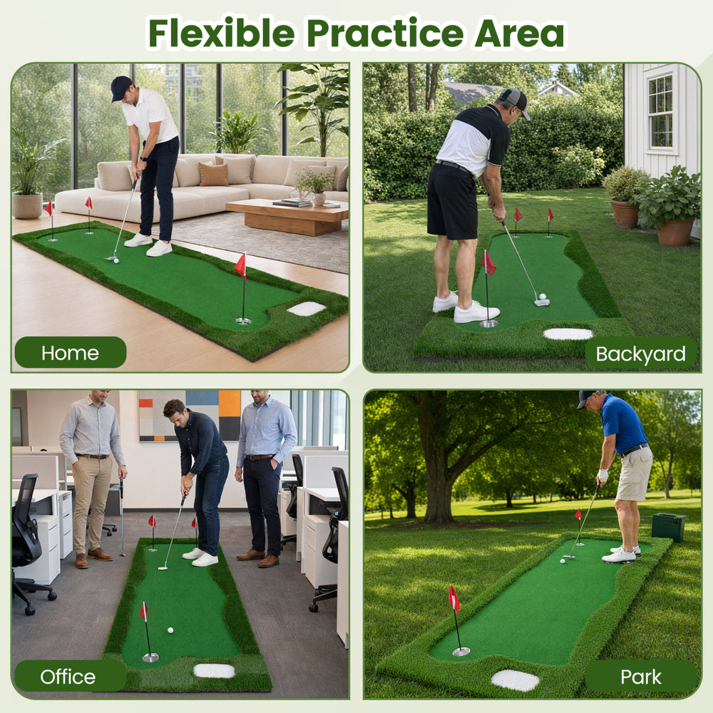 10 x 3.5ft golf putting green with 3 hole cups and flags, ideal for practice in home, backyard, or office settings.