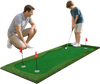 Golf putting green measuring 10 x 3.5ft with three hole cups and flags, ideal for backyard or office practice.