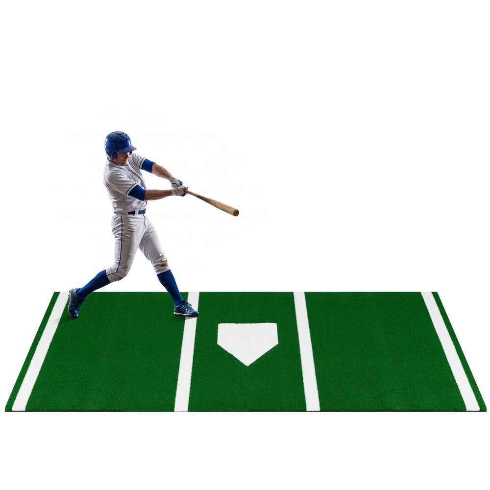 Baseball hitting mat with home plate, featuring bright lines for accuracy, anti-slip backing, and realistic artificial.
