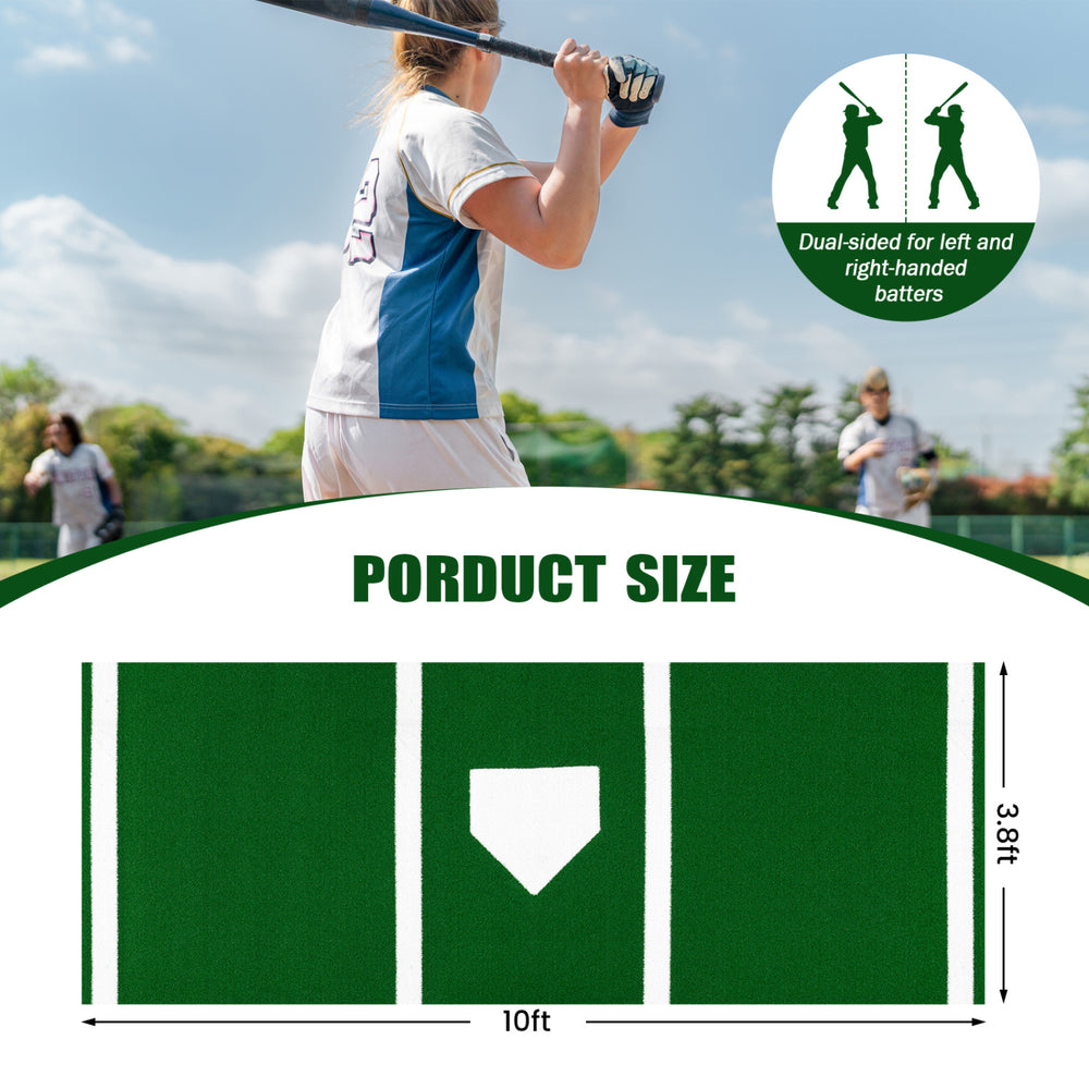 Baseball and softball hitting mat, 10 x 3.8 ft, green with home plate, dual-sided for all batters, anti-slip backing.