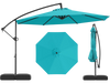 Turquoise 10 feet offset hanging umbrella with base, featuring tilt and 360° rotation for versatile sun protection.
