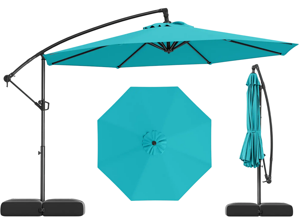 Turquoise 10 feet offset hanging umbrella with base, featuring tilt and 360° rotation for versatile sun protection.