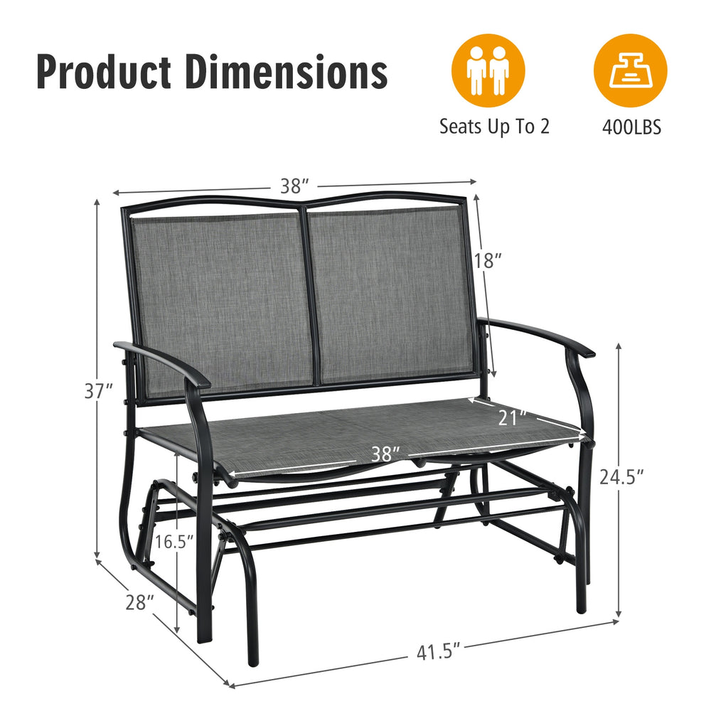 Iron patio rocking chair dimensions showing seating for two, durable metal frame, and suitable for outdoor use.
