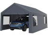 Gray portable garage measuring 10x20 ft, featuring a sturdy steel frame, mesh windows for airflow, and dual entry points.