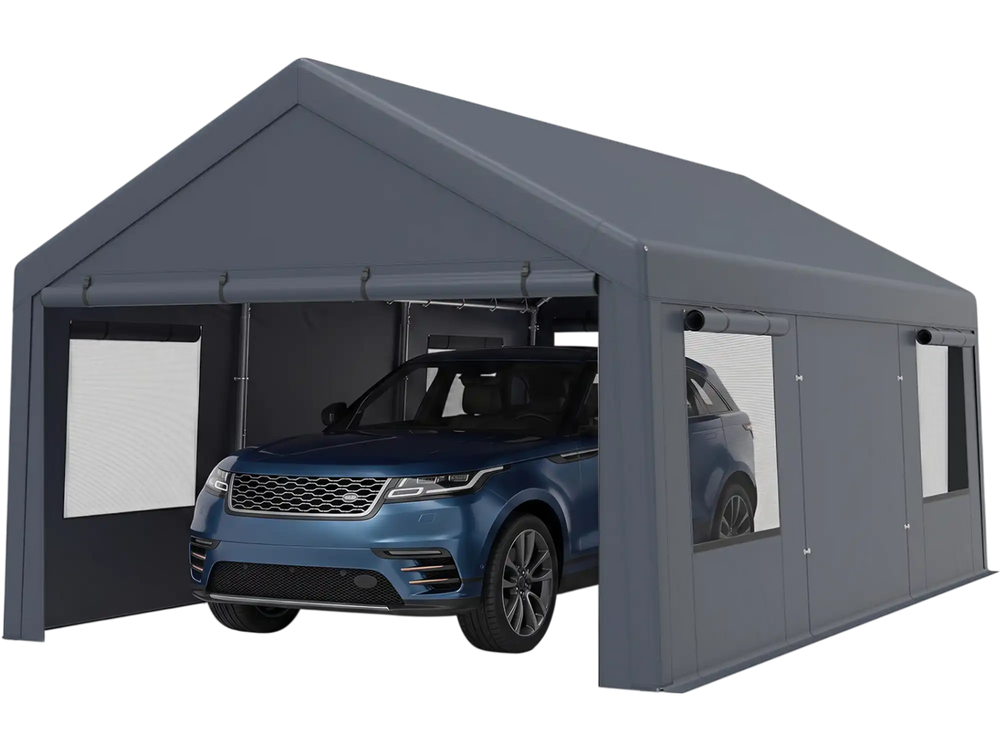 Gray portable garage measuring 10x20 ft, featuring a sturdy steel frame, mesh windows for airflow, and dual entry points.