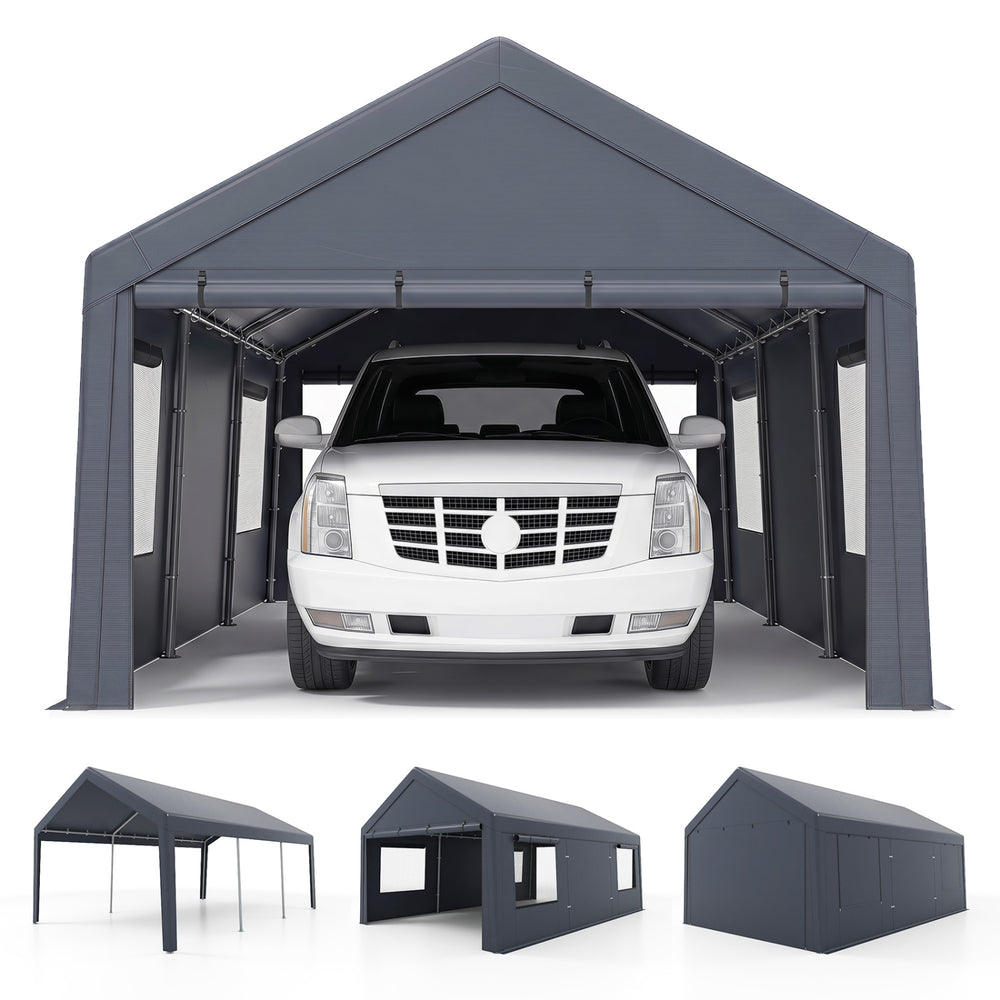 Portable 10x20 FT gray garage with robust steel frame, dual doors, and 4 mesh windows for effective airflow and protection.