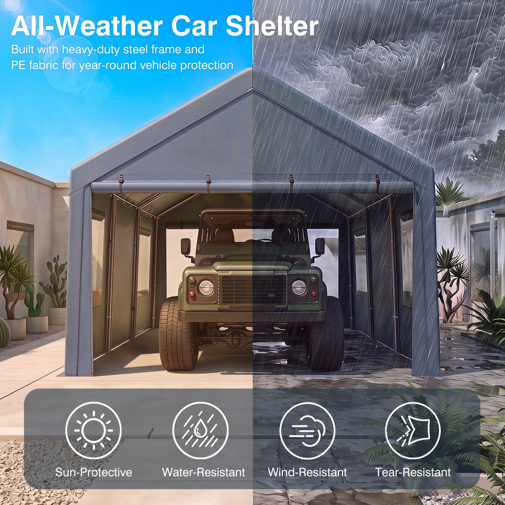 Portable garage with a gray waterproof PE cover, featuring dual doors and four mesh windows for ventilation and protection.