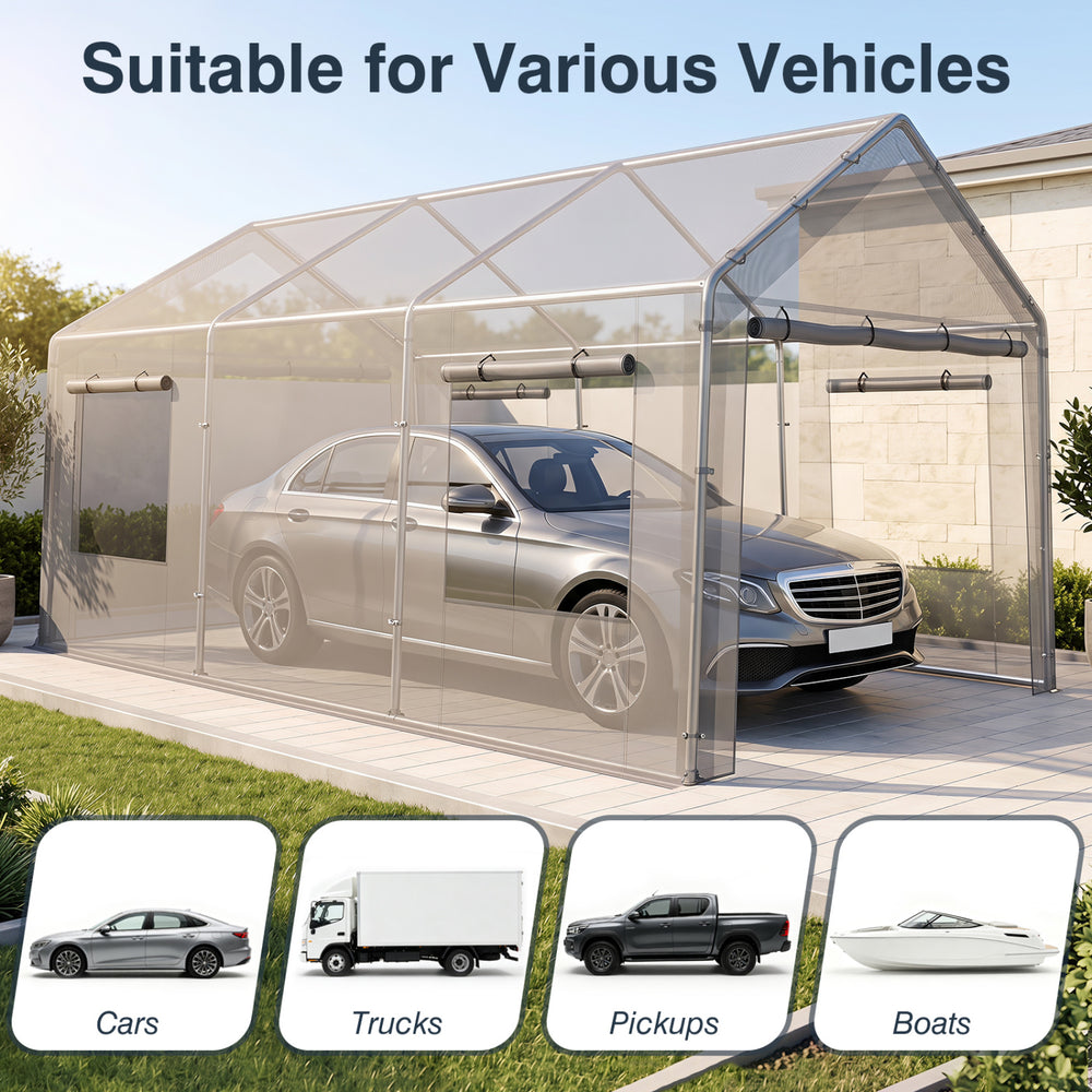 Portable garage with a waterproof PE cover and dual doors, suitable for cars, trucks, and boats for outdoor protection.
